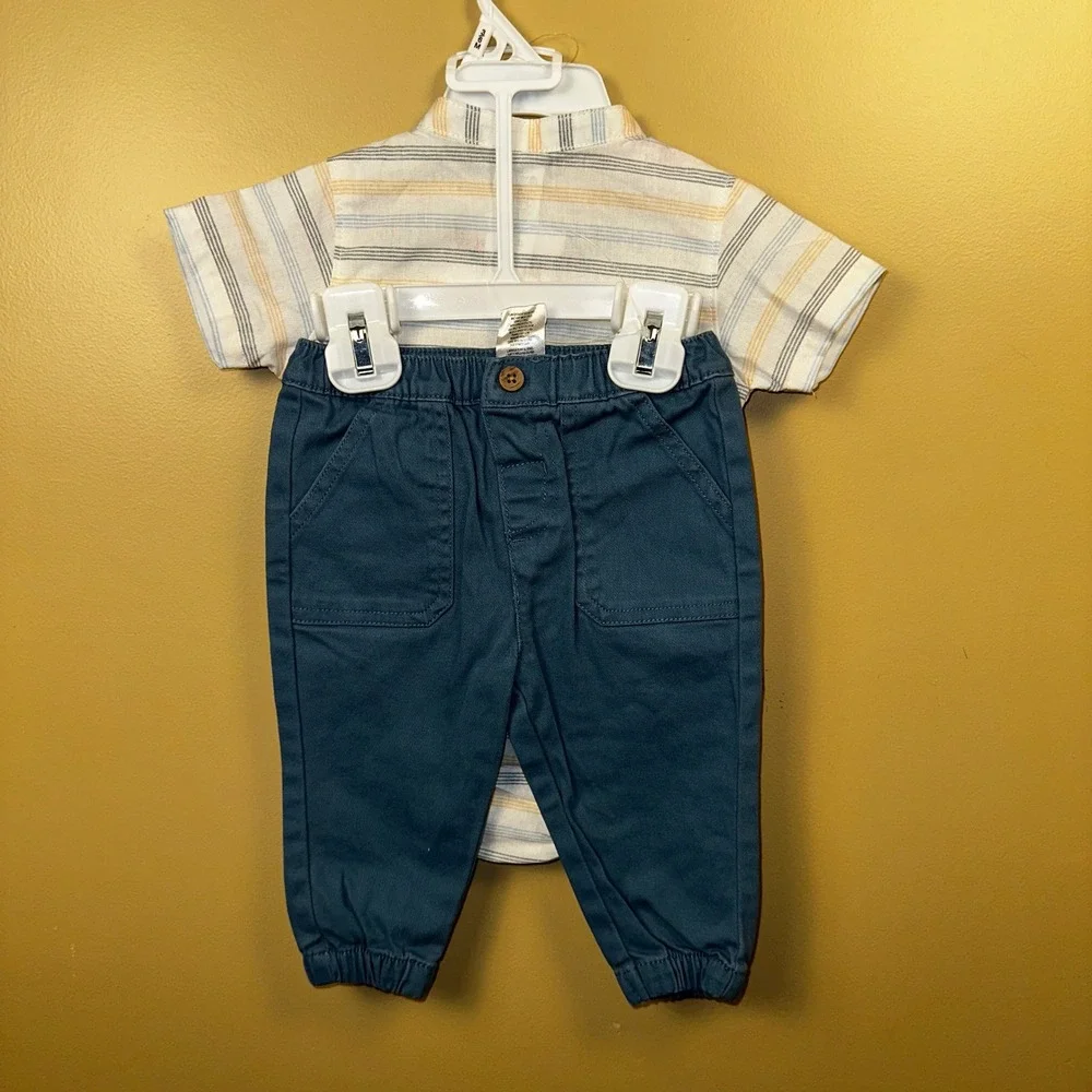 Little Lad Baby Boy Striped‎ Bodysuit Pants Set 3 6M Blue Yellow Linen Blend